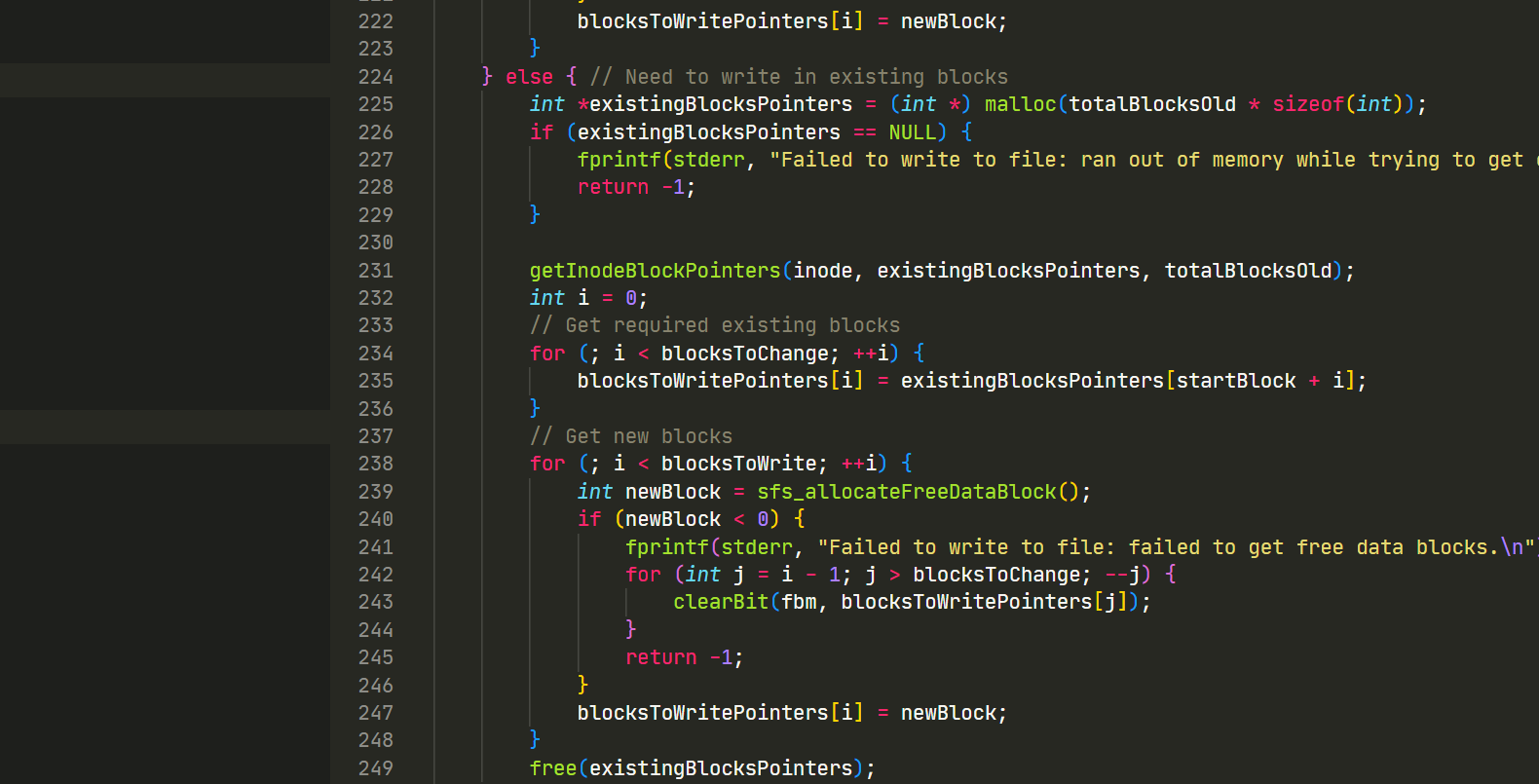 Screenshot of the sfs_write() function code